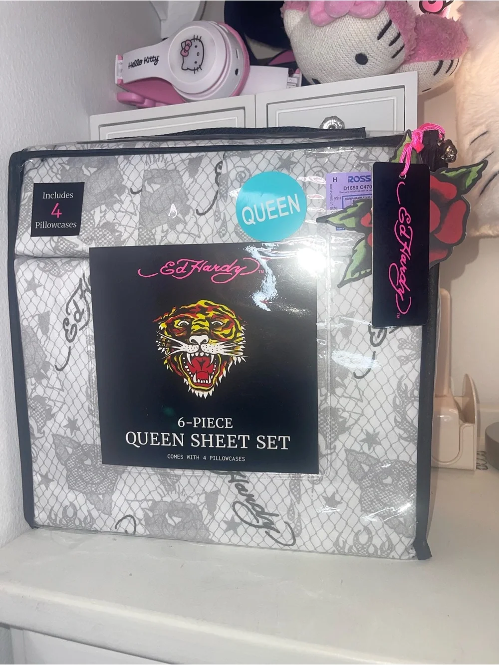 NWT Ed Hardy Queen Sheet Set in White with Multicolor Tiger Accent